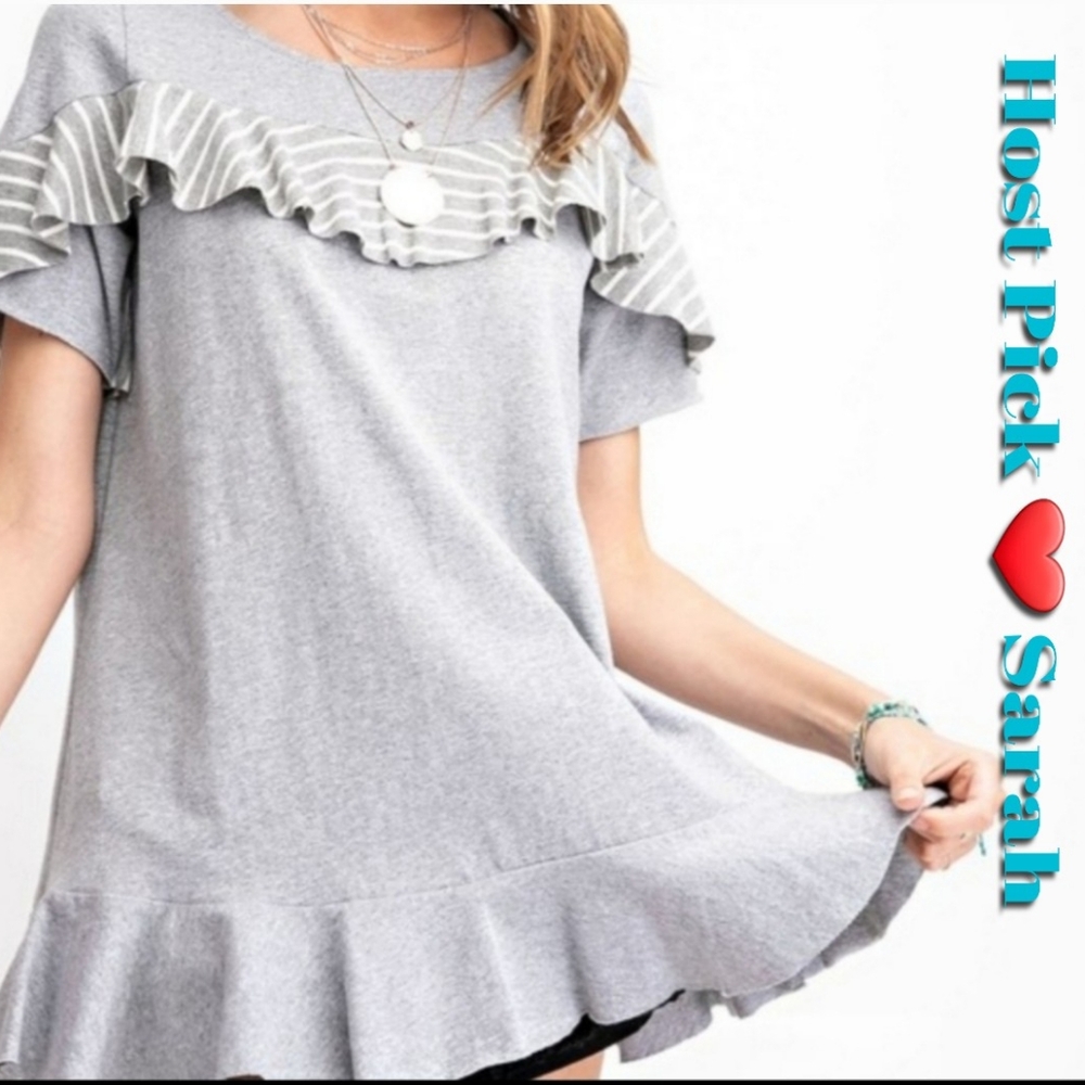EASEL Babydoll Ruffle Peplum Grey Stripes Feminine  TOP size Lar